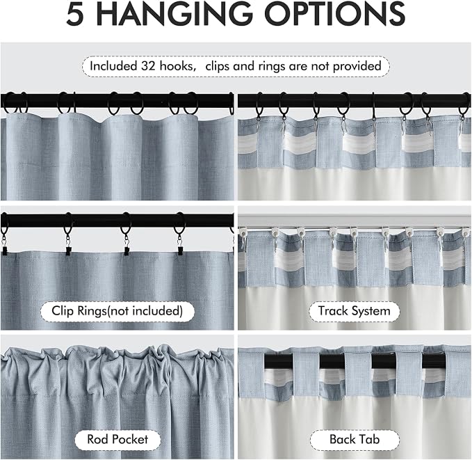 MIULEE 100% Blackout Back Tab Pleat Linen Curtains 50" Wx84 L, Chambray Blue | - Image 6