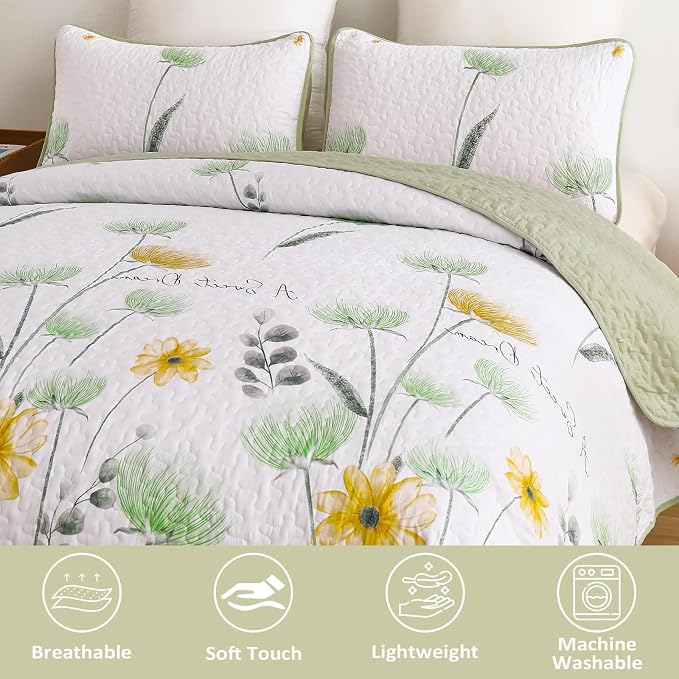 Dinjoy King Quilt Set, 3 Pieces Boho Floral Bedspreads, Fall Flower Bedding | - Image 3
