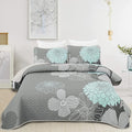 Yiran Grey Aqua Floral Quilt Set Queen Size 3 Pieces Botanical Quilt Set | by Yiran