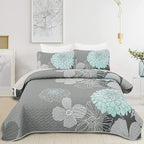 Yiran Grey Aqua Floral Quilt Set Queen Size 3 Pieces Botanical Quilt Set | by Yiran