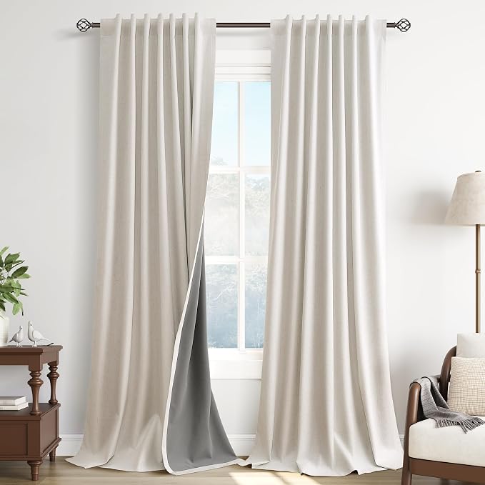 Cream Natural Linen 100% Blackout Curtains 90 Inches Long 2 Panel Sets Textured by Guken