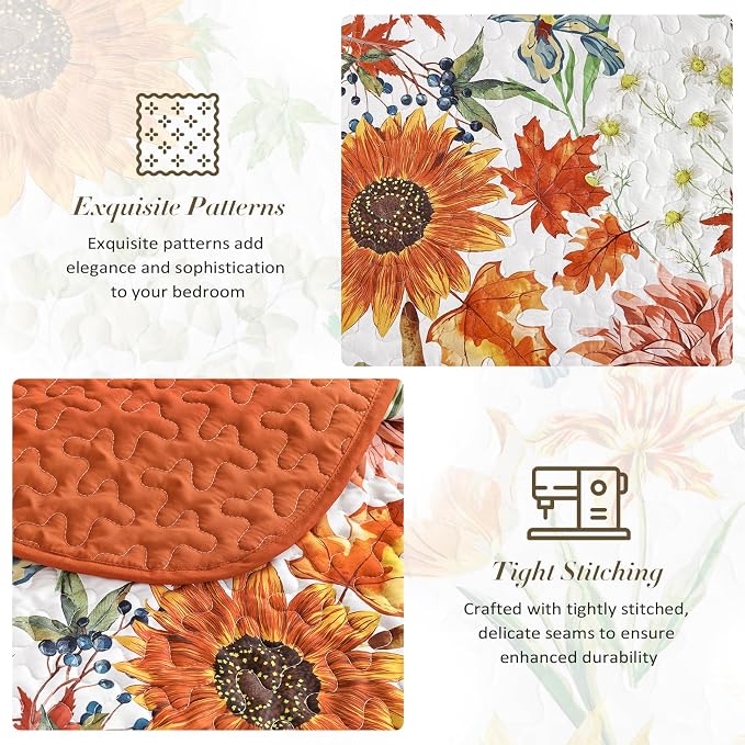 Yiran Fall Floral Quilt Set King Size, Microfiber Coverlet - Image 7