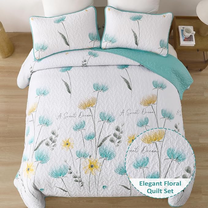 Dinjoy Aqua Quilt Set King, 3 Pieces Boho Floral Bedspreads, Fall Bedding | - Image 2