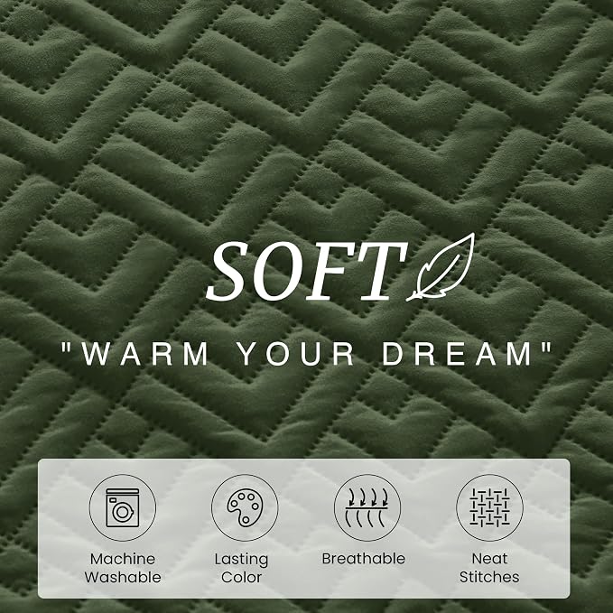 EXQ Home King Size Quilt Set Squares Pattern Bedding Set Olive Green | Soft - Image 4