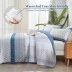 WONGS BEDDING Blue Queen Size Quilt Set, 3-Piece Boho Stripe Bedspread | - Image 4
