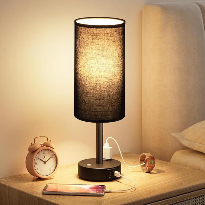 Black Touch Bedside Lamp for Bedroom, Stepless Dimmable, USB A+C, AC Outlet | by Aooshine