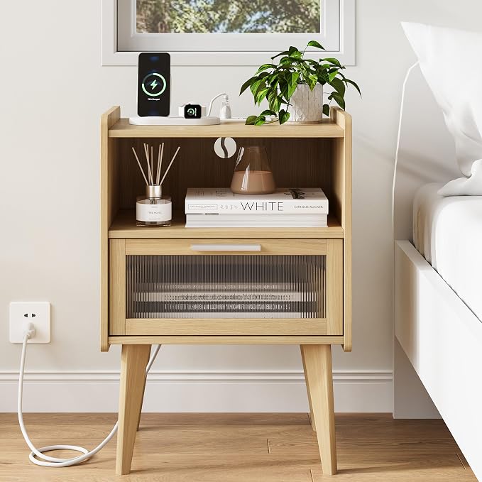 MMEOLUOOK Nightstand with Charging Station, Bedside Tables with Glass - Image 5