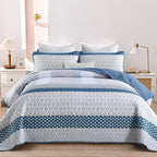 WONGS BEDDING Blue Queen Size Quilt Set, 3-Piece Boho Stripe Bedspread | - Image 2