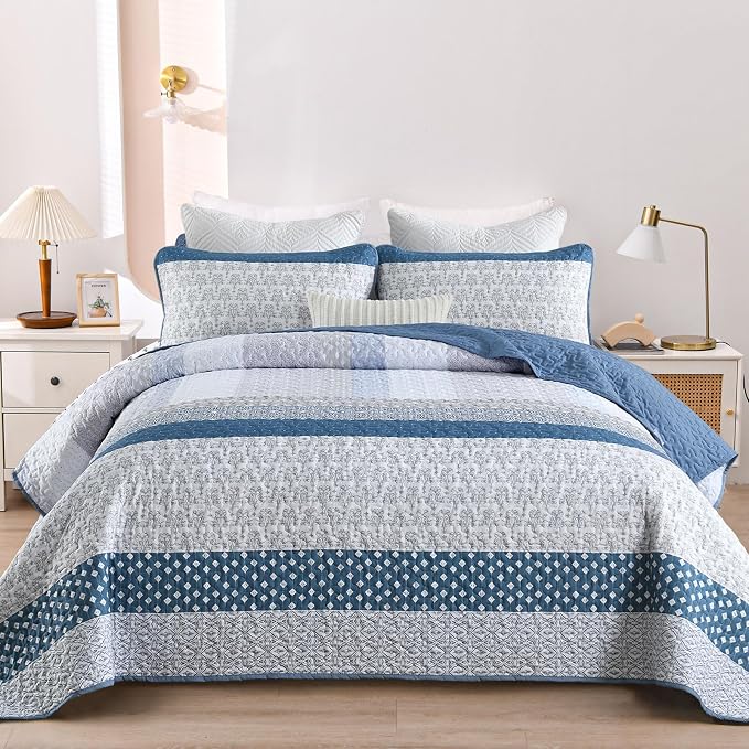 WONGS BEDDING Blue Queen Size Quilt Set, 3-Piece Boho Stripe Bedspread | - Image 2