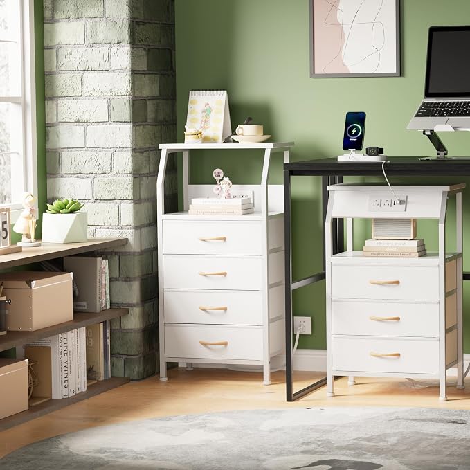 White Nightstand with Charging Station, 3 Drawers Bedside Table | 28.3 Inch - Image 5