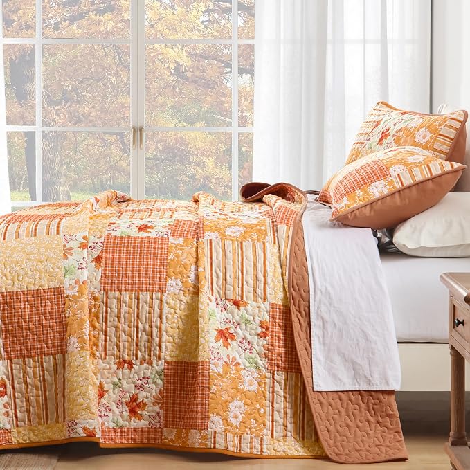 Mybedsoul Orange Boho Quilt Set Queen Size, 3 Pieces Plaid Floral Bedspread - Image 4