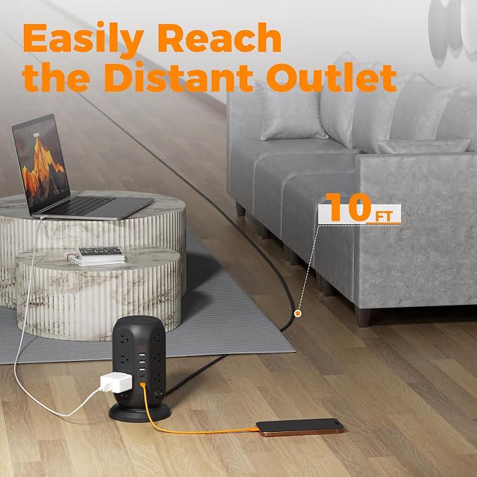 TESSAN Tower Power Strip Surge Protector, Flat Extension Cord 10 Ft, 5 USB Ports - Image 5