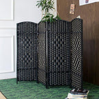 4 Panel Black Rattan Room Divider by Furnnylane