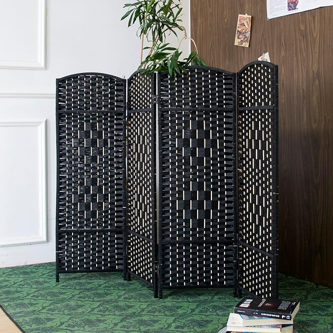 4 Panel Black Rattan Room Divider by Furnnylane