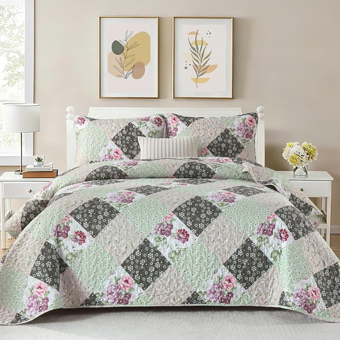 Dinjoy Boho Quilt Set Queen Size, Patchwork Floral Bedspreads, Reversible by DINJOY