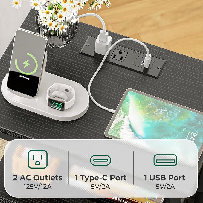 Huuger Nightstand with Charging Station, 27.6 Inch Bedside Table, Side Table | - Image 4
