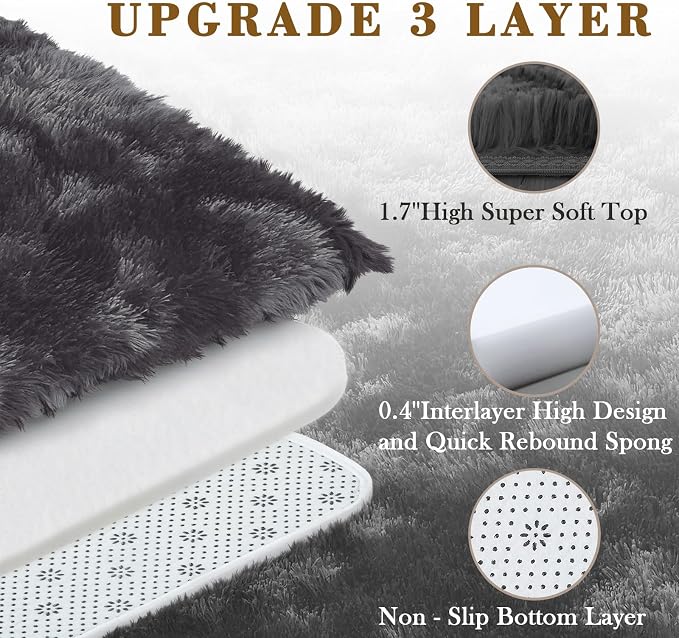 Fluffy Rug Shag Area Rug, Dark Grey Tie-Dyed 3x5 Area Rugs - Image 3