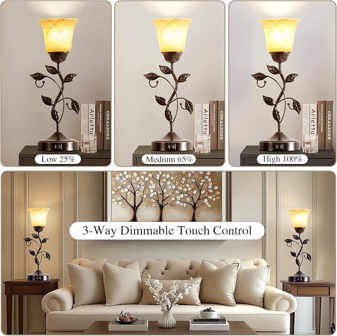 Set of 2 Touch Vintage Bedroom Leaf Table Lamps - Image 3