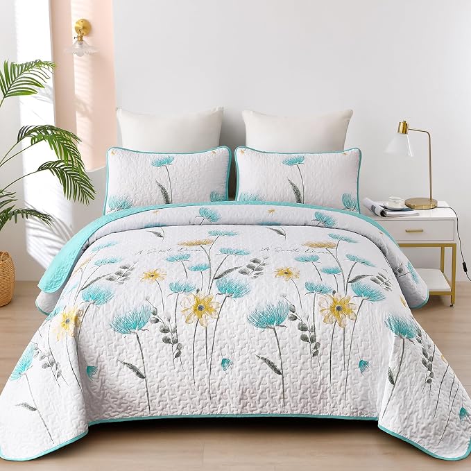 Dinjoy Aqua Quilt Set King, 3 Pieces Boho Floral Bedspreads, Fall Bedding | by DINJOY