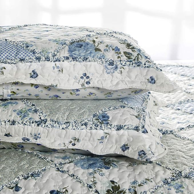 Oversized King Quilt Set Blue Floral Patchwork Alaska King Bedspreads Set | - Image 6