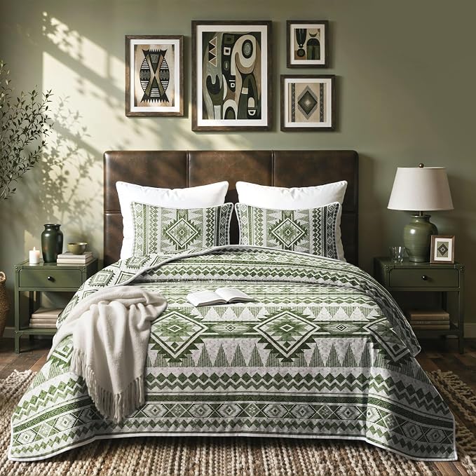 akkialla Reversible Green Boho Queen Quilt Set, 2-Piece Bohemian Aztec by akkialla