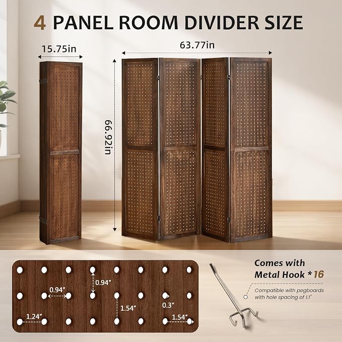 4 Panel Pegboard Room Divider, Folding Privacy Screen, Freestanding Wooden - Image 3