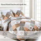 Dinjoy Floral Plaid Patchwork Quilt Set California King Size, Reversible Brown - Image 2