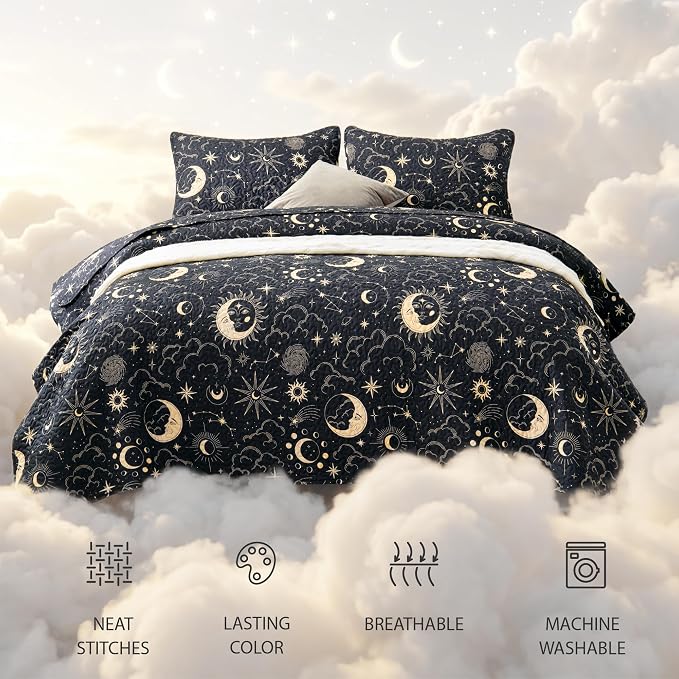 EXQ Home Quilt Set Full Queen Size Black Print Black Sun Starry Pattern | - Image 3