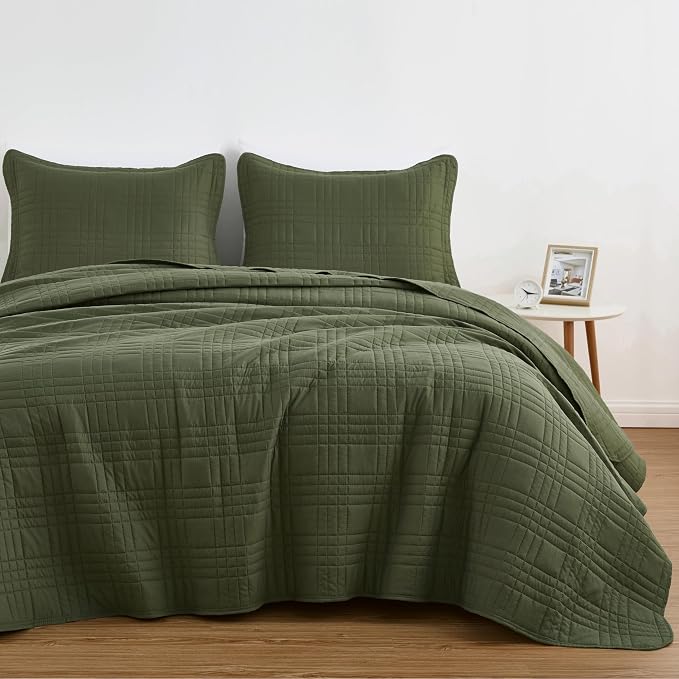 Chezmoi Collection Kingston King Size Bedspread Set, 3-Piece Olive Green - Image 2