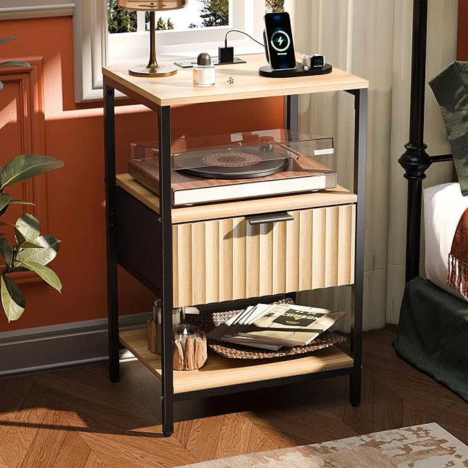 VINGLI Night Stand with Charging Station and Fabric Drawer, Fluted Nightstand by VINGLI