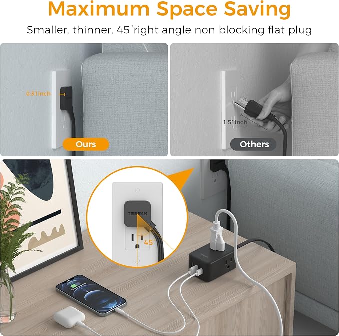 TESSAN Small Flat Plug Power Strip, Ultra Thin Extension Cord 5 ft, Wall Outlet - Image 2