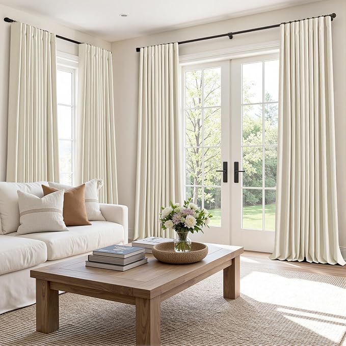 MIULEE 100% Blackout Back Tab Pleat Linen Curtains 50" Wx84 L, Light Cream | 2 - Image 2