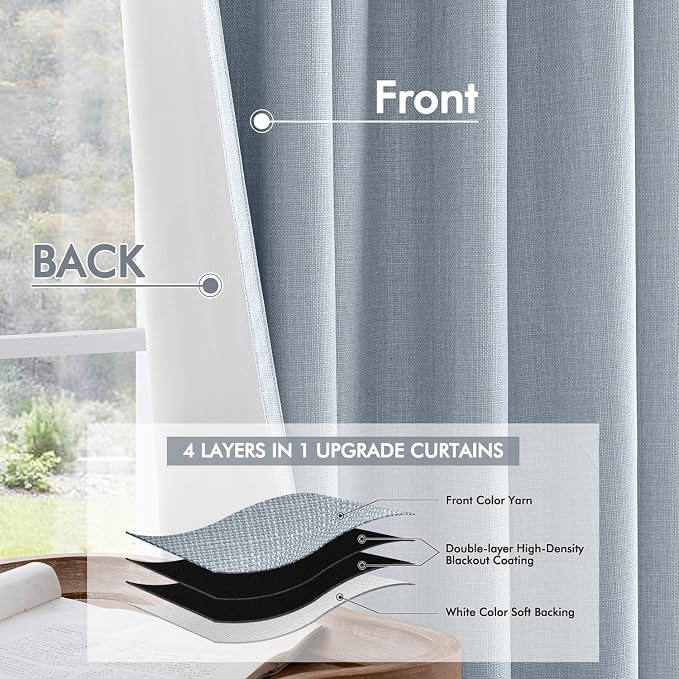 MIULEE 100% Blackout Back Tab Pleat Linen Curtains 50" Wx84 L, Chambray Blue | - Image 5