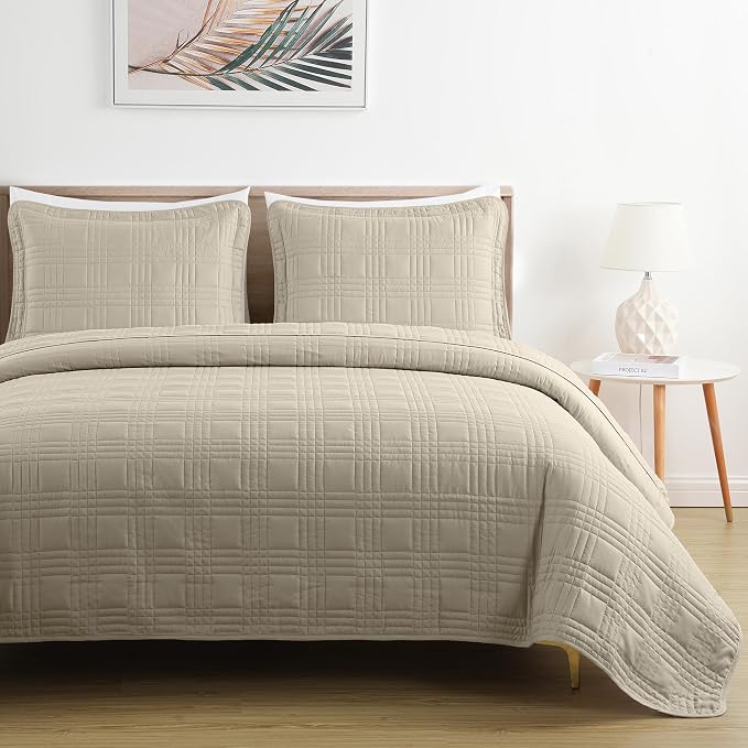 Chezmoi Collection Kingston Queen Size Bedspread Set, 3-Piece Khaki Oversized - Image 3