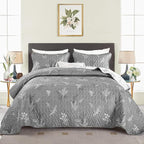 DJY King Size Grey Botanical Quilt Set, Floral Bedspread Coverlet | Lightweight by HOME