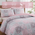 Pink Grey Quilt Set Queen Size, Boho Plaid Patchwork Bedspread Coverlet Set | - Image 6