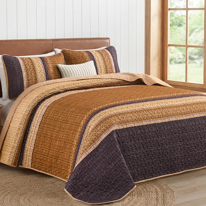Cottolester Fall Quilt Set Queen, Burnt Orange Striped Patchwork Bedspread | - Image 2