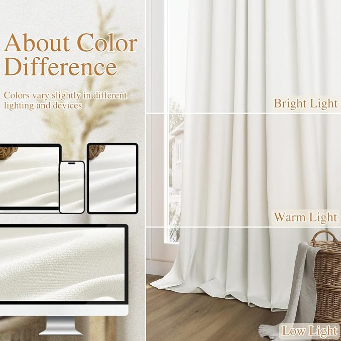 Ivory 100% Blackout Linen Curtains 80 Inch Length 2 Panels Set - Image 7