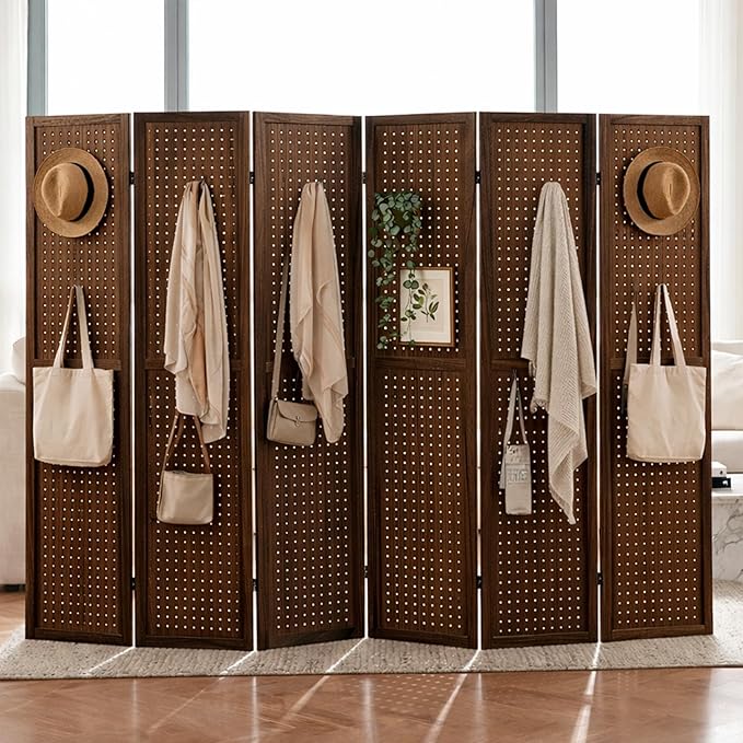 6 Panel Pegboard Room Divider, Folding Privacy Screen, Freestanding Wooden by Leesinwing