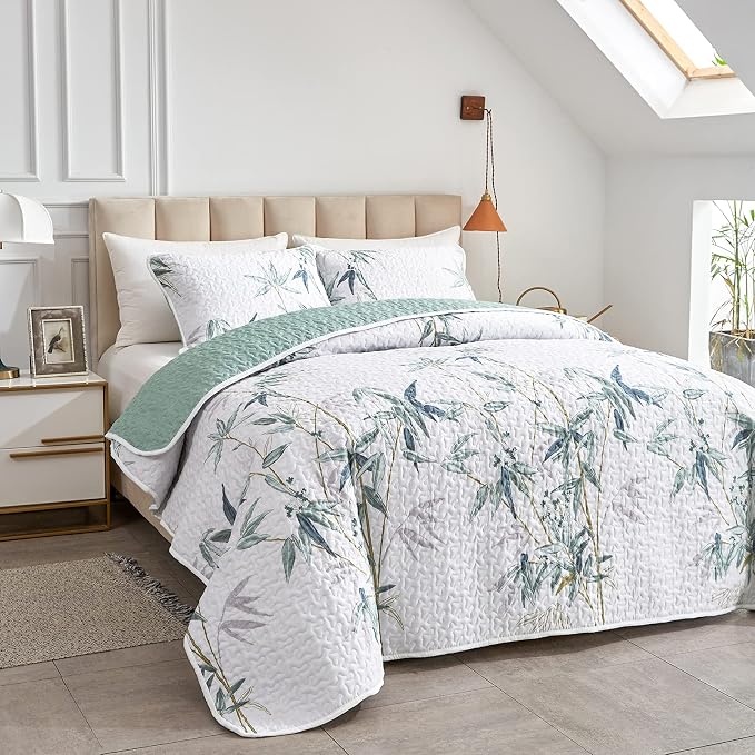 Botanical Quilt Set 3 Pieces Full/Queen Size, Soft Microfiber Lightweight Bed - Image 2