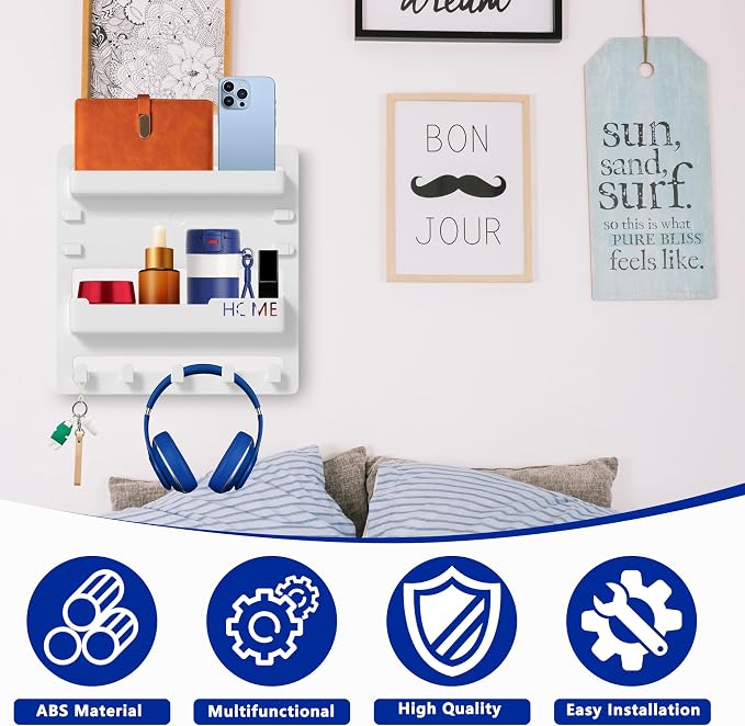 Plastic Bedside Shelf Adhesive Wall Mount Organizer, Cable Clips, Key Remote - Image 5