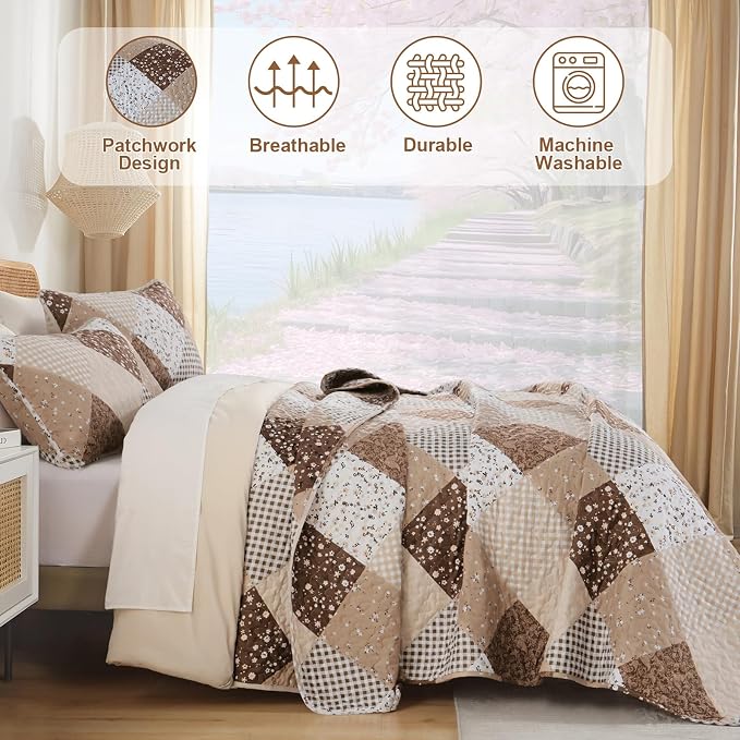 Dinjoy Boho Quilt Set Queen Size, Patchwork Floral Bedspreads, Reversible - Image 3