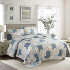 Mybedsoul Light Blue Quilt Set King Size, 3 Pieces Boho Plaid Floral Bedspread - Image 2