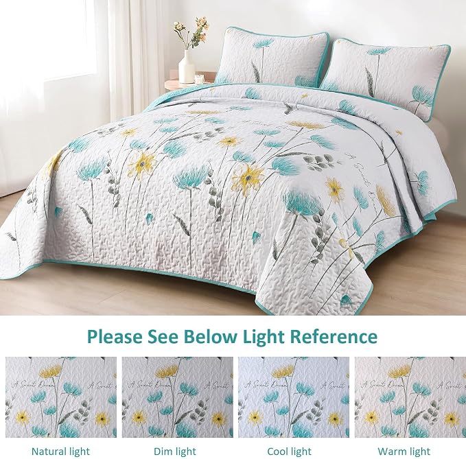 Dinjoy Aqua Quilt Set King, 3 Pieces Boho Floral Bedspreads, Fall Bedding | - Image 5
