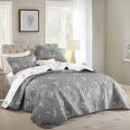 DJY King Size Grey Botanical Quilt Set, Floral Bedspread Coverlet | Lightweight - Image 2