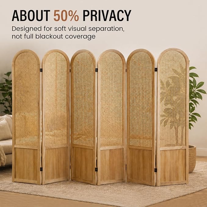6 Panel Rattan Room Divider Screen, Boho Folding Privacy Screen | Decorative - Image 2