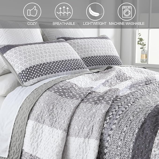 WONGS BEDDING Grey Full Size Quilt Set, Bohemian Striped Bedspreads | - Image 5