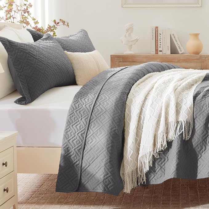 EXQ Home King Size Quilt Set Squares Pattern Bedding Set Lightweight Grey | - Image 2