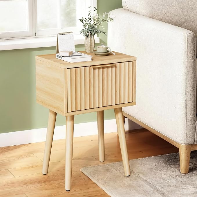 VINGLI Night Stand, Fluted Nightstand Wood, Mid Century Modern Nightstand - Image 9