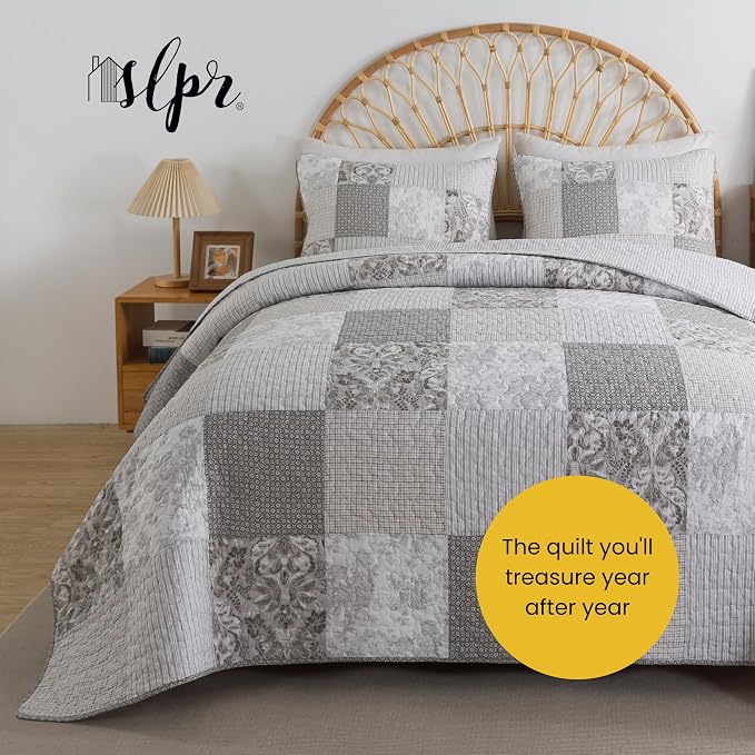SLPR - Silver Linings Patchwork Gray Cotton Quilt Set, King - Image 7